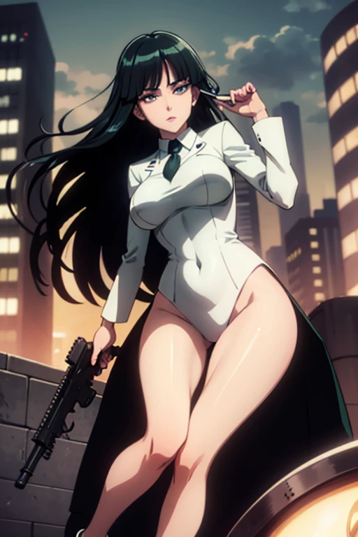 Highest quality、Ultra HD、One Woman、(Dark green long hair 1.3)、(White suit 1.3)、(Black Shirt)、(White tie)、(Black loafers 1.1)、((tall))、((Has a submachine gun))、(Large Breasts)、(Beautiful face with sharp eyes 1.2)、40-year-old woman、Slender body、(Night city background 1.2)、((Clear and beautiful touch))