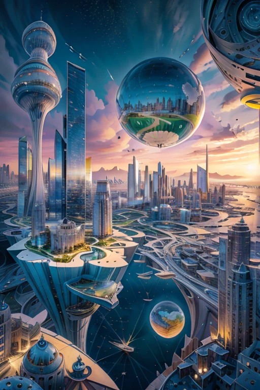  ( Surrealism ) a Surreal scene involving a floating 1900's city in the sky, and next to that city is a sideways city on the right side, and under it is an upside down building in the bottom, non euclidean geometry, and abstract sitars that are illusions , confusing chaos, ethereal and divine, photorealistic, 8k, hyper detailed, dramatic lighting, vibrant colors, surreal and abstract, 