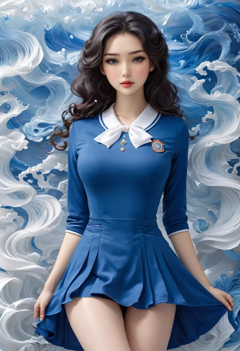 Miss，2，Wavy black hair，Height 171 cm，Skin is white, smooth and tender，The measurements are 38F，23， 35，Beautiful facial features，Wearing a blue uniform，The skirt is a close-fitting narrow skirt，The skirt is very short，Tightly wrapped, round, firm and tight、Elastic and attractive buttocks，No stockings，Revealing a pair of round, firm, slender and well-proportioned white legs，A nine-headed beauty with long legs。Cool and stunning，Very charming,


