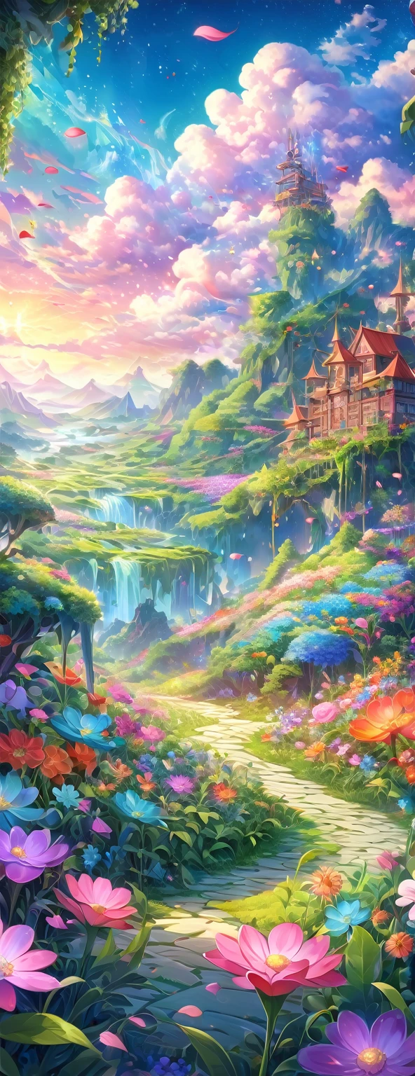 detailed fantasy flower field, glittering petals, oil painting, anime nature landscape, 4k anime art, no humans, detailed flower closeup, intricate floral patterns, lush greenery, vibrant colors, surreal atmosphere, dreamlike setting, delicate botanicals, ethereal lighting, mystical flora, enchanting nature scene