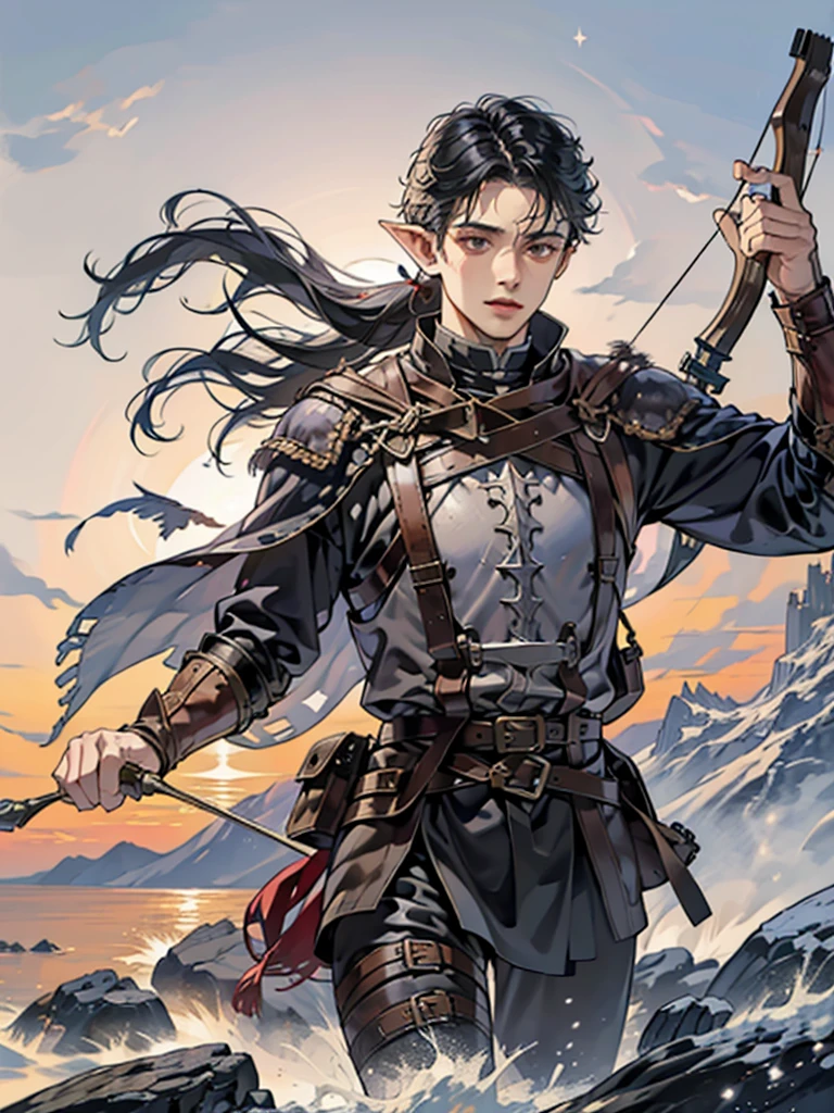 (best quality, high definition) adult 1 male elf, mystic archer, archery, long black hair, gray eyes, expressive detailed face, middle ages, dnd character, adventurer, winter medieval background