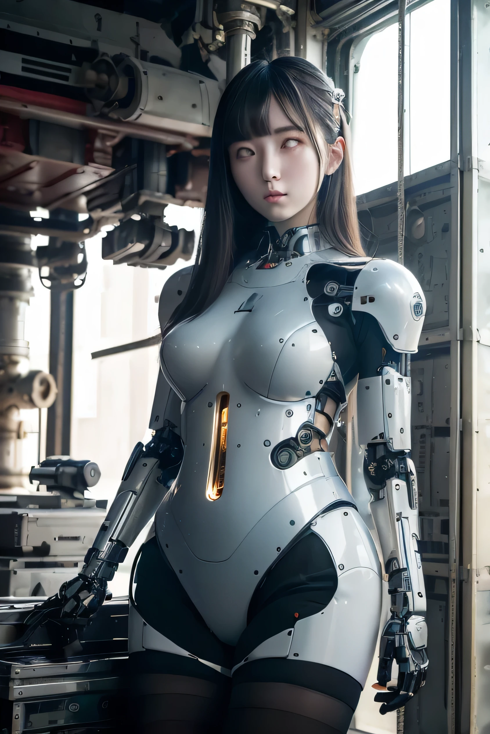 masterpiece, best quality, extremely detailed,8k portrait, Japanese android girl,Plump ,control panels,robot arms,robot,android,cyborg,white robot body,blunt bangs,robot repair plant,black knee high socks,white eyes