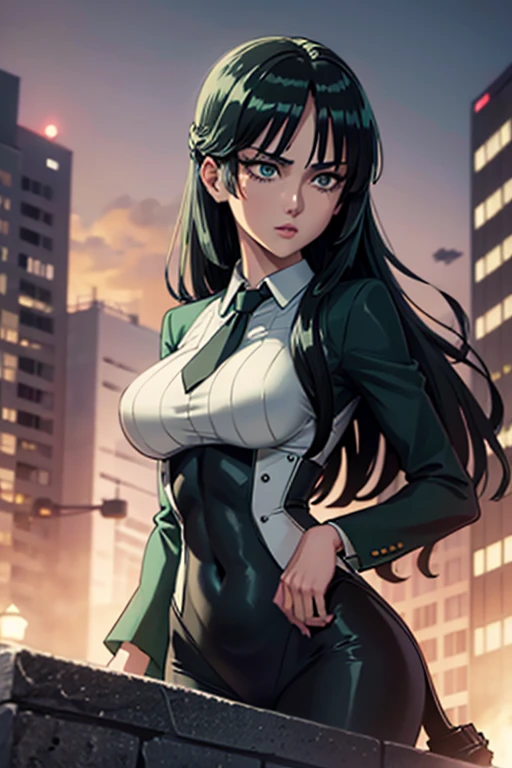 Highest quality、Ultra HD、One Woman、(Dark green long hair 1.3)、(White suit 1.3)、(Black Shirt)、(White tie)、(Black loafers 1.1)、((tall))、((Has a submachine gun))、(Large Breasts)、(Beautiful face with sharp eyes 1.2)、40-year-old woman、Slender body、(Night city background 1.2)、((Clear and beautiful touch))