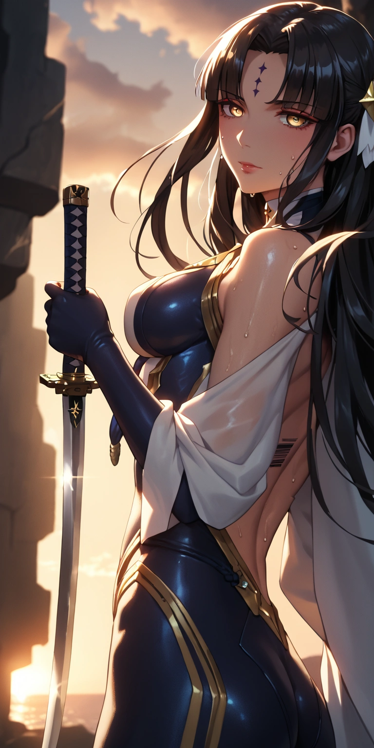 score_9, score_8_up, score_7_up, score_6_up, uncensored, michiko tanaka, long hair, black hair, yellow eyes, facial mark, forehead mark, BREAK detailed eyes, beautiful eyes, perfect eyes, assertive female, (perfect hands, perfect anatomy), detailed skin texture, (blush:0.5), (goosebumps:0.5), excessive sweating, sweating profusely, sweating drop BREAK, ruanyi0469, Nude color bodysuit, shiny clothes, skin tight, tattoo, barcode, nude, metal spine, female focus, sword, holding, solo, holding_sword, looking_at_viewer, standing, breasts, floating_hair, sunset, katana, cowboy_shot, cloud, medium_breasts, looking_back, back,