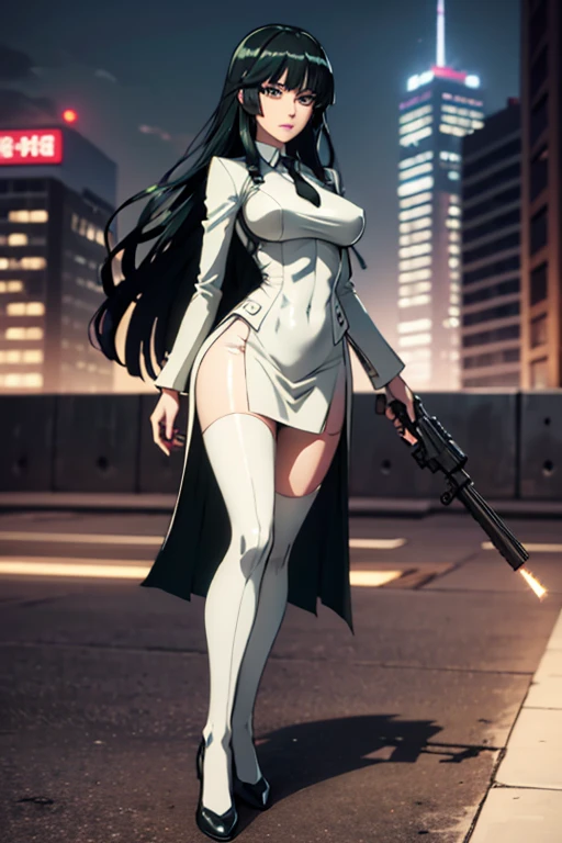 Highest quality、Ultra HD、One Woman、(Dark green long hair 1.3)、(White Suit 1.3)、(White tight skirt 1.3)、(Black tie)、(Black loafers 1.1)、((tall))、((Has a submachine gun))、(Large Breasts)、(Beautiful face with sharp eyes 1.2)、40-year-old woman、Slender body、(Night city background 1.2)、((Clear and beautiful touch))