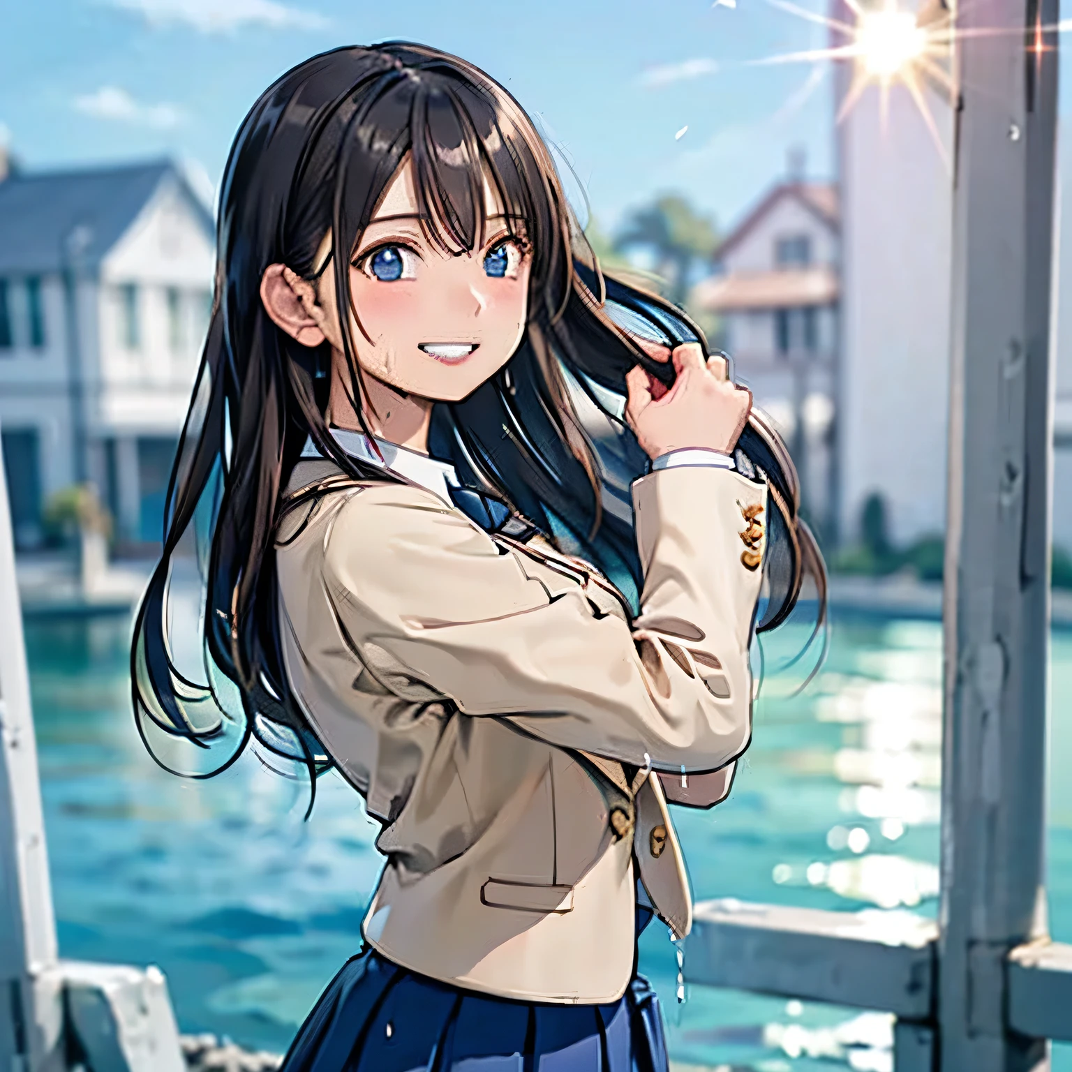 solo,alone,beautiful,best quality,extremely detailed,blush,cinematic lighting,Glow,Midday,Blue sky,Dramatic sky,wet,look at viewer,deep detailed eyes,hand in hair,detalied long hair,an innocent and energetic smile,Illuminated by the sun,grin,blazer,from the side,ground,small breasts,long skirt,