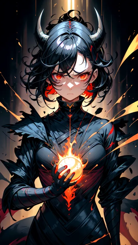 1girl, 2, serious face, sharp face, black short hair, messy hair, black dragon horn on her head, abbys, monster girl, red eye ba...