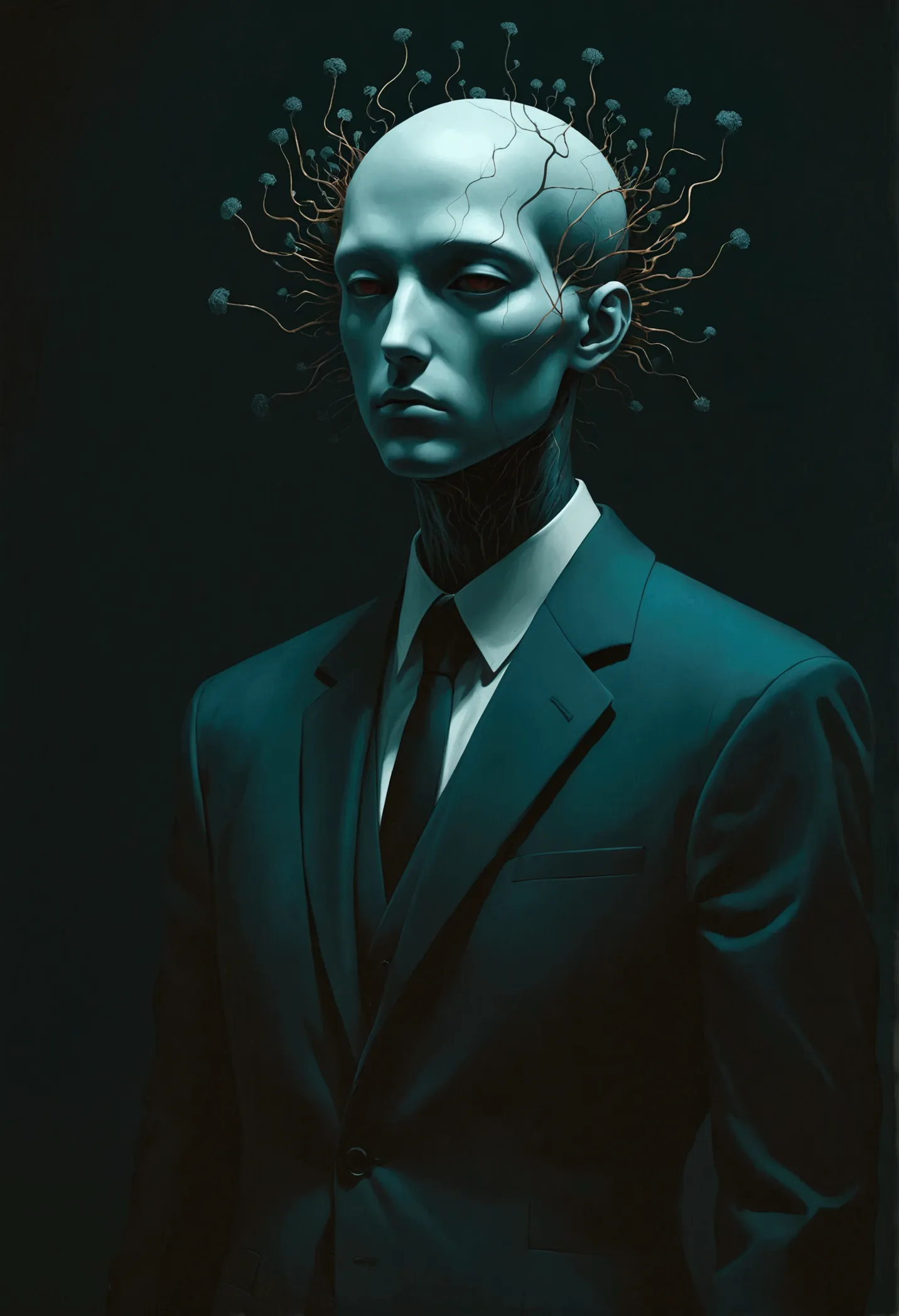 迷宫里的faceless man像, faceless man,cube head， alessio albi, abstract surrealism, faceless man dark, unsettling horror limbo, fracta...