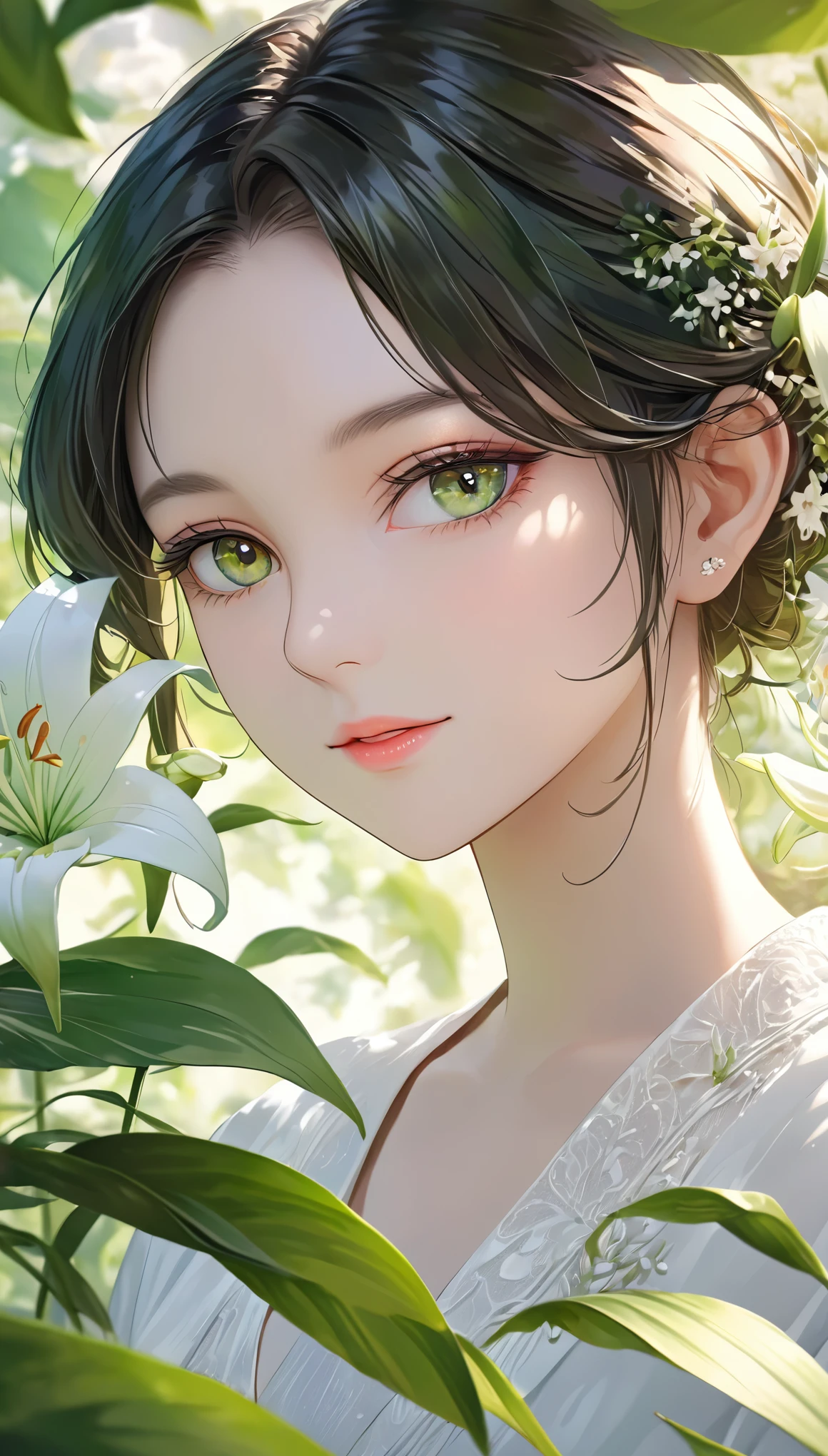 A beautiful single lily flower in bloom, delicate white petals, exquisite stamen, lush green leaves, soft natural light, extremely detailed, 4k, photorealistic, portrait, full focus, vivid colors, natural lighting, serene, elegant, peaceful, calming