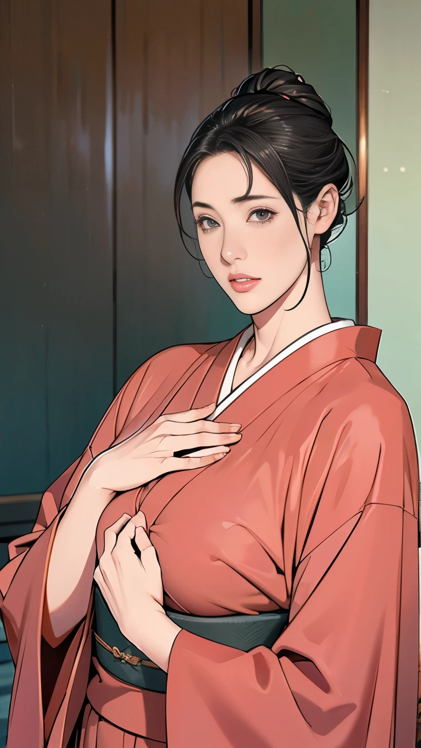 Japanese hairstyle，Photorealism，detailed，masterpiece，mature，((full))， (Broad shoulders), ((Huge))，10yo boy cumshot,Plus size mature women，expensive，30 years old，Pretty face, (Plump woman)，Beautiful long-sleeved kimono，kimono，Hold your chest with both hands:1，high quality，Are standing，High Resolution 4K Information,Kyoto,nsfw
