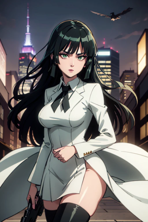 Highest quality、Ultra HD、One Woman、(Dark green long hair 1.3)、(White Suit 1.3)、(White tight skirt 1.3)、(Black tie)、(Black loafers 1.1)、((tall))、((Has a submachine gun))、(Large Breasts)、(Black knee-highs 1.2)、(Beautiful face with sharp eyes 1.2)、40-year-old woman、Slender body、(Night city background 1.2)、((Clear and beautiful touch))