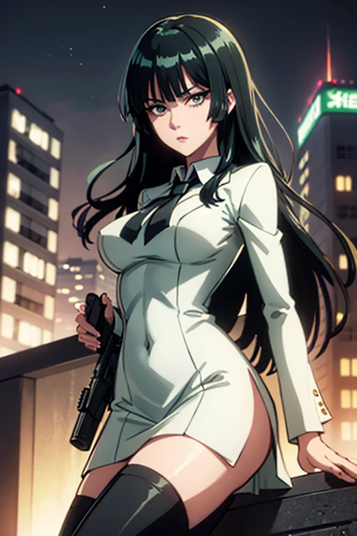 Highest quality、Ultra HD、One Woman、(Dark green long hair 1.3)、(White Suit 1.3)、(White tight skirt 1.3)、(Black tie)、(Black loafers 1.1)、((tall))、((1 who has a gun.2))、(Large Breasts)、(Black knee-highs 1.2)、(Beautiful face with sharp eyes 1.2)、40-year-old woman、Slender body、(Night city background 1.2)、((Clear and beautiful touch))