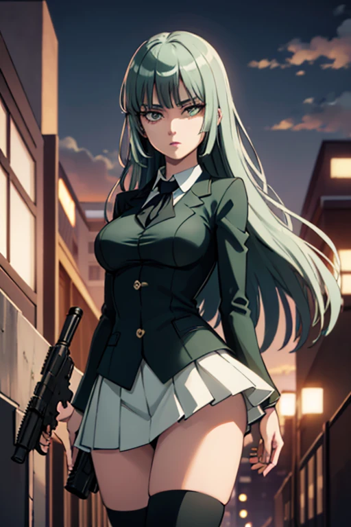 Highest quality、Ultra HD、One Woman、(Dark green long hair 1.3)、(White Suit 1.3)、(White tight skirt 1.3)、(Black tie)、(Black loafers 1.1)、((tall))、((1 who has a gun.2))、(Large Breasts)、(Black knee-highs 1.2)、(Beautiful face with sharp eyes 1.2)、40-year-old woman、Slender body、(Night city background 1.2)、((Clear and beautiful touch))