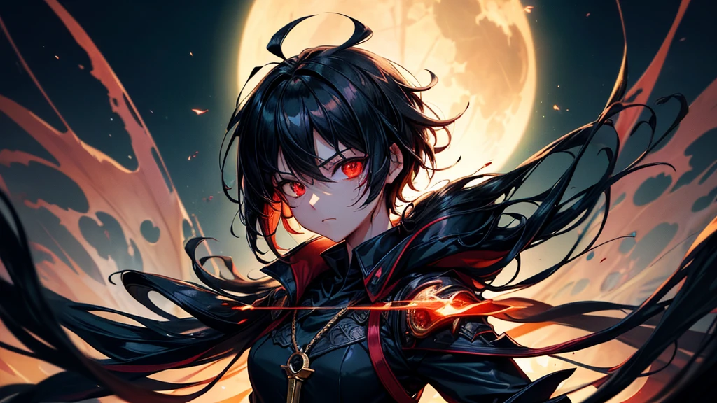 1 tomboy girl, handsome, black dragon horn on her head, dragon horn, abyss, monster, short black hair, eye cover with hair, (masterpiece:1.2、highest quality), (shinning red eyes: 1.2), (Detailed Background、Dark fantasy), (cute detailed face), High Contrast, (Best lighting、Very delicate and cool), ((Cinema Lighting) )), black coat, dirty dress, blood splatter, colorful, Hyper Detail, Dramatic Light, Intricate details, serious face, moon behind (20 years old, 1 girl, solo, black short hair, messy hair, pony in left ,Sharp Face, red eyeball, pony hair between the eyes, Dynamic), (Blood splatter:1.4), Black light swirling around the character, Depth of written boundary, green light particles, Nightcore, black magician, Spectacular anime style, zerochan art, Anime Wallpaper, Burning, High quality anime art style, Key Anime Art