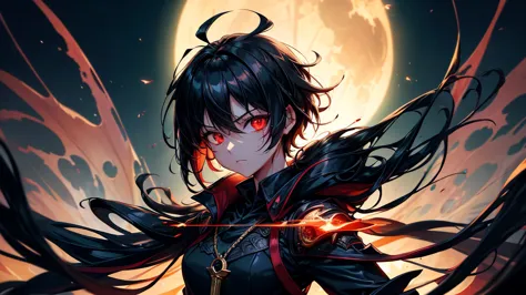 1 tomboy girl, handsome, black dragon horn on her head, dragon horn, abyss, monster, short black hair, eye cover with hair, (mas...