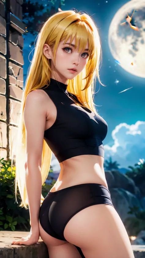 yami , star night, stars , night , outside, moon, full moon, blonde_hair, red eyes