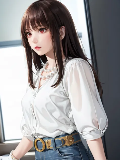 前hair,brown_hair, length_hair,red eyes,lipstick,compensate,
break (belt, jeans, pearl_necklace, bracelet, black gloves, white sh...