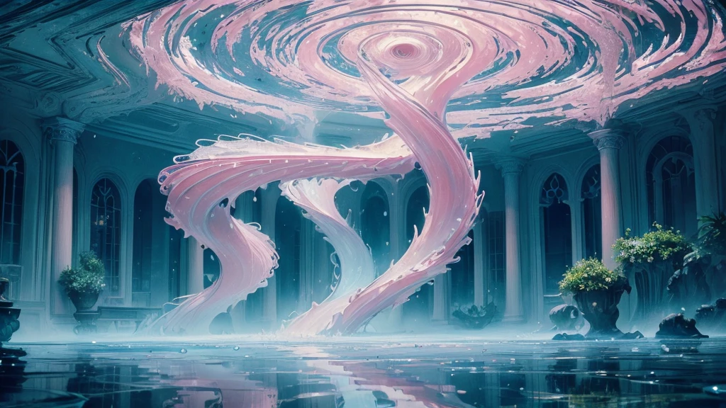 ((masterpiece)),((Highest quality)),((High Detail)),nobody,background, Atrium, Splattering water droplets, Refreshing mist, Crystal clear water, Spiral water flow, Underwater Art, Interaction between nature and architecture, Beautifully illuminated, Magical Reflection, Pink light