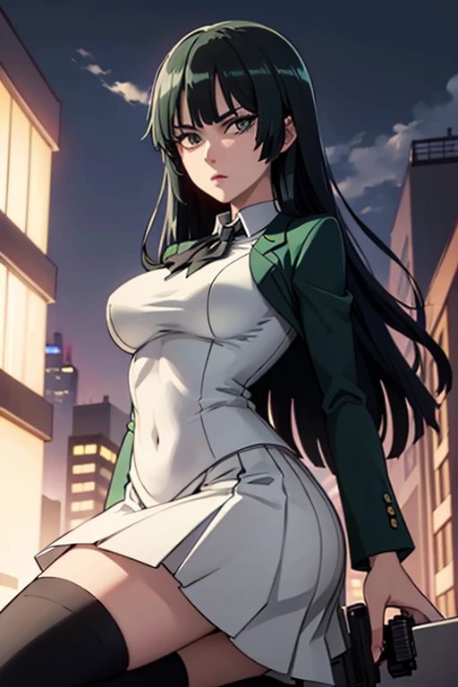 Highest quality、Ultra HD、One Woman、(Dark green long hair 1.3)、(White Suit 1.3)、(White tight skirt 1.3)、(Black tie)、(Black loafers 1.1)、((tall))、((1 who has a gun.2))、(Large Breasts)、(Black knee-highs 1.2)、(Beautiful face with sharp eyes 1.2)、40-year-old woman、Slender body、(Night city background 1.2)、((Clear and beautiful touch))