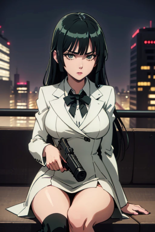 Highest quality、Ultra HD、One Woman、(Dark green long hair 1.3)、(White Suit 1.3)、(White tight skirt 1.3)、(Black tie)、(Black loafers 1.1)、((tall))、((1 who has a gun.2))、(Large Breasts)、(Black knee-highs 1.2)、(Beautiful face with sharp eyes 1.2)、40-year-old woman、Slender body、(Night city background 1.2)、((Clear and beautiful touch))