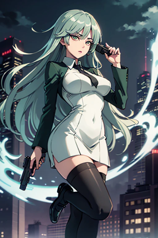 Highest quality、Ultra HD、One Woman、(Dark green long hair 1.3)、(White Suit 1.3)、(White tight skirt 1.3)、(Black tie)、(Black loafers 1.1)、((tall))、((1 who has a gun.2))、(Large Breasts)、(Black knee-highs 1.2)、(Beautiful face with sharp eyes 1.2)、40-year-old woman、Slender body、(Night city background 1.2)、((Clear and beautiful touch))