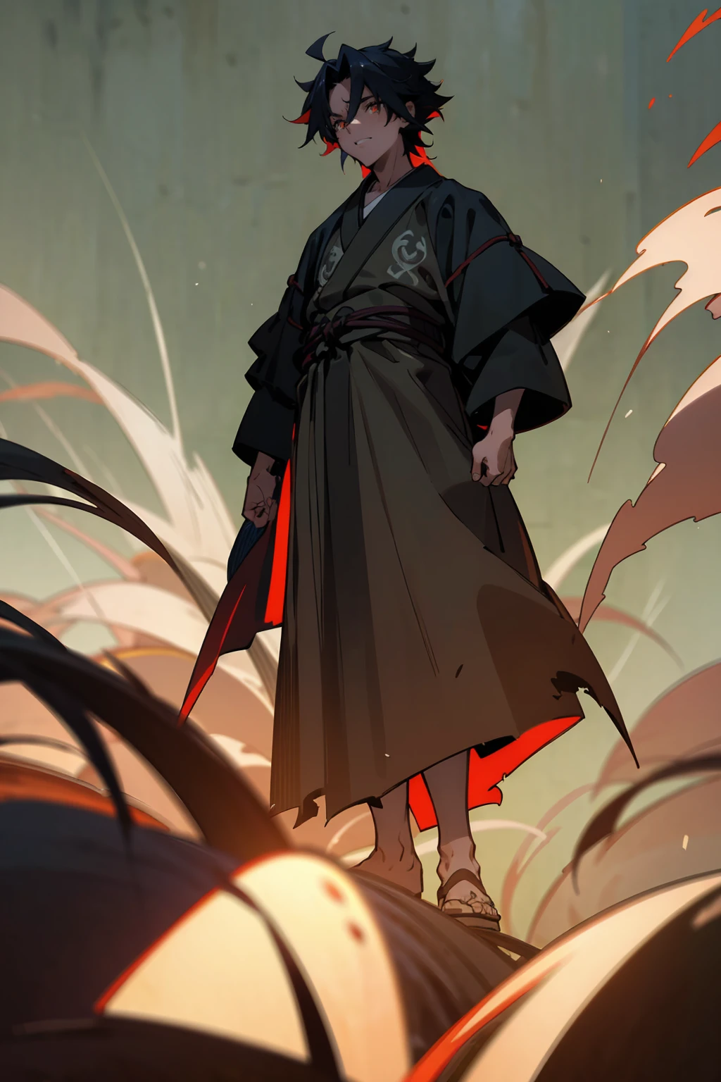 masterpiece quality, perfect generation, sclera, detailed red eyes, skin, blue messy hair, muscular, black robes, excited expression, full body, olive skin, adult, rice field background, male, facing viewer, standing outside