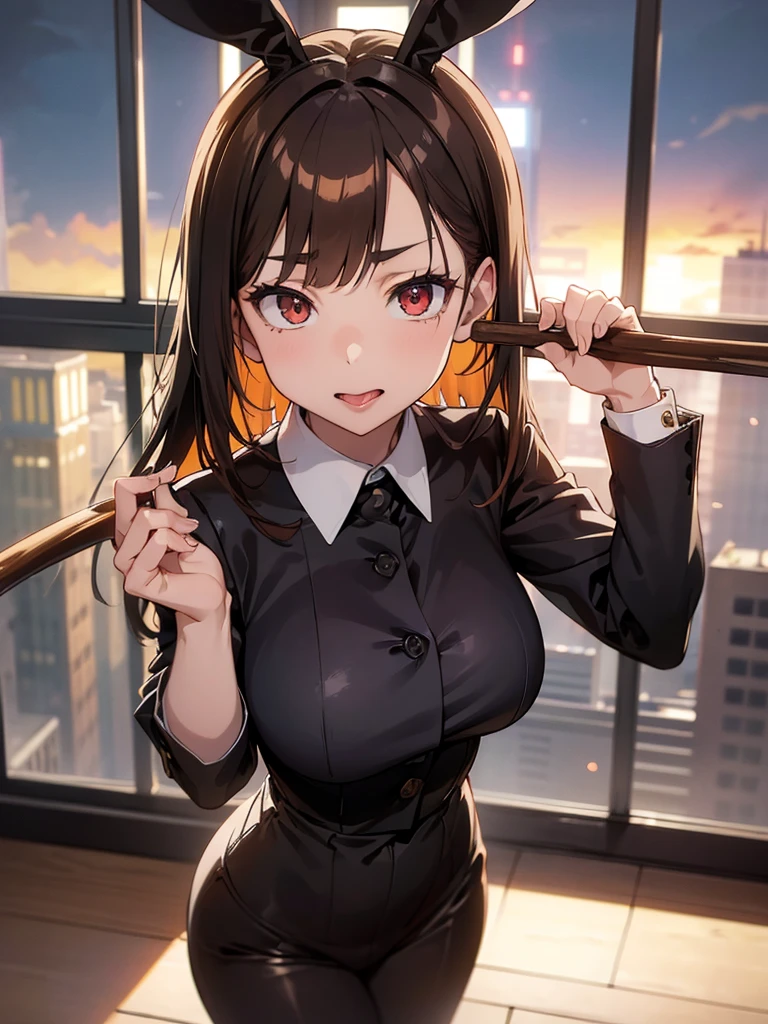 (high res, 8K, masterpiece, looking at viewer, best quality, very aesthetic, ultra detailed, ultra background, ultra Eyes) intricate details, 1girl, Nobara Kugisaki, She has medium brown hair that reaches her neck, styled with bangs that cover the right side of her forehead, has orange eyes, long eyelashes, thin eyebrows of the same color, Black Bunny Suit, Rabbit tail, rabbit ears, Perverted Face, Cheeks Flushed, Stick out the tongue, Big Breast, Background Windows, City, Bedroom, Cinematic Angle