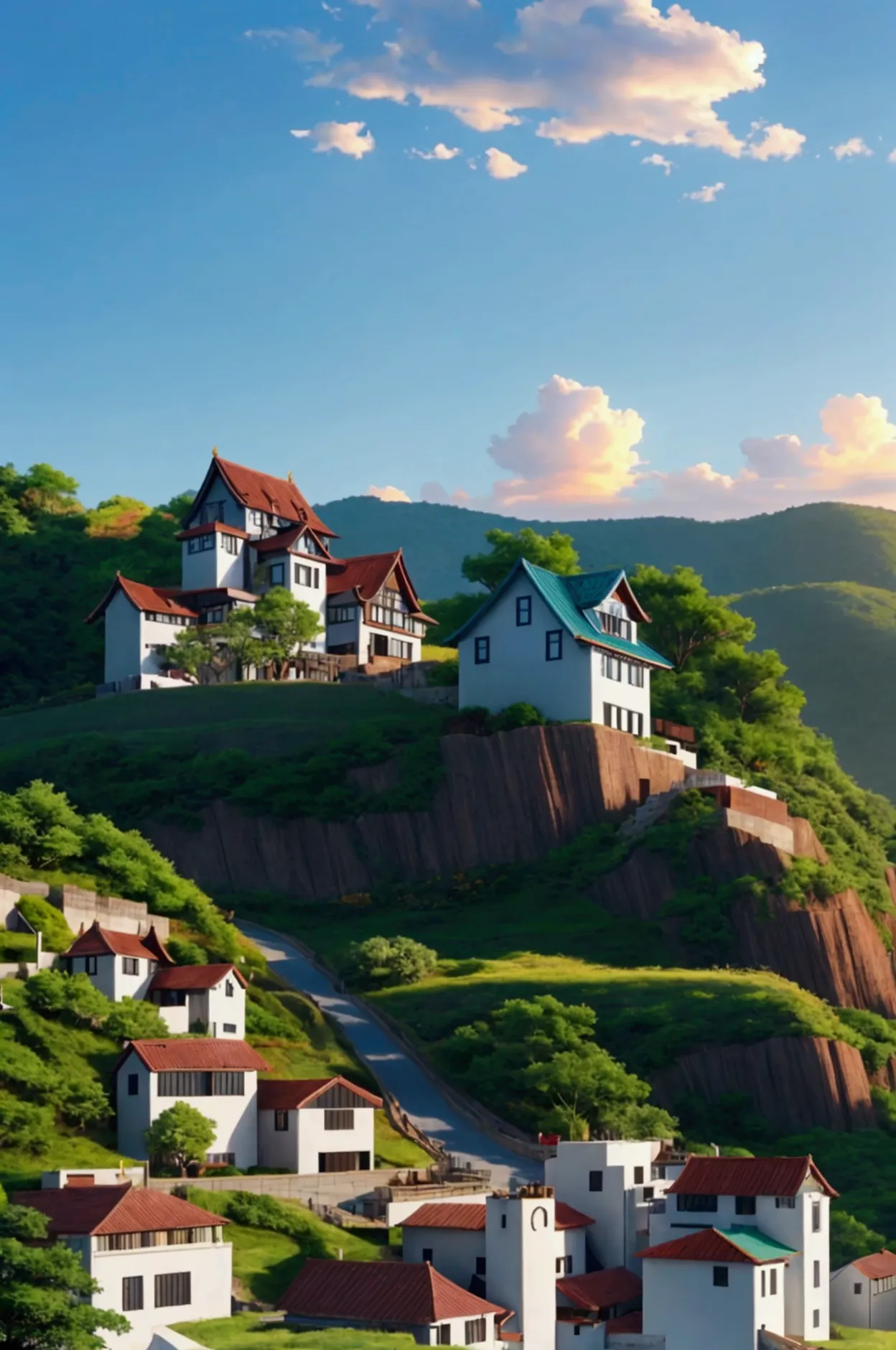 minority ethnic buildings，building on a hill，beautiful natural scenery，sunny