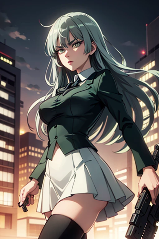 Highest quality、Ultra HD、One Woman、(Dark green long hair 1.3)、(White Suit 1.3)、(White tight skirt 1.3)、(Black tie)、(Black loafers 1.1)、((tall))、((1 who has a gun.2))、(Large Breasts)、(Black knee-highs 1.2)、(Beautiful face with sharp eyes 1.2)、40-year-old woman、Slender body、(Night city background 1.2)、((Clear and beautiful touch))