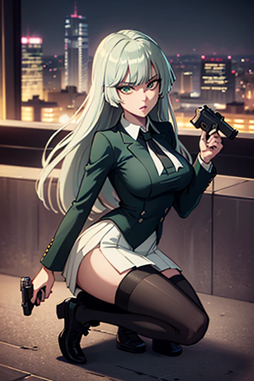 Highest quality、Ultra HD、One Woman、(Dark green long hair 1.3)、(White Suit 1.3)、(White tight skirt 1.3)、(Black tie)、(Black loafers 1.1)、((tall))、((1 who has a gun.2))、(Large Breasts)、(Black knee-highs 1.2)、(Beautiful face with sharp eyes 1.2)、40-year-old woman、Slender body、(Night city background 1.2)、((Clear and beautiful touch))