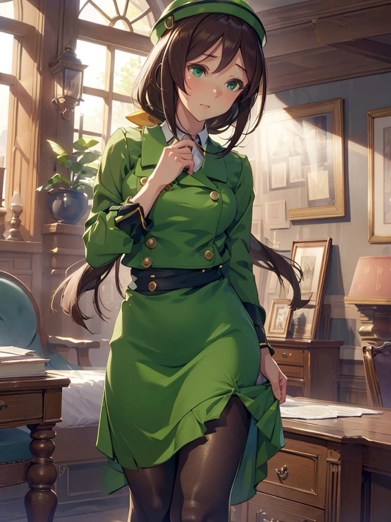 (​masterpiece、top-quality、hight resolution、Unity 8k、extremely details CG:1,Best Picture), hayakawa tazuna, low ponytail, green headwear, green jacket, pantyhose, "Clothing is slightly undone, with buttons, belts, or sashes left unfastened or loosely hanging. The outfit appears partially disheveled, with a focus on the details of unfastened buttons, loose belts, or undone sashes, giving the impression of an incomplete or relaxed state of dress."