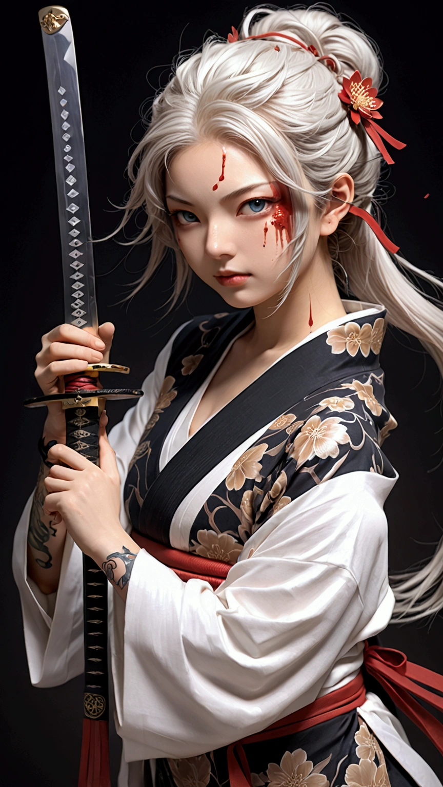 (Japanese sword &reference;Muramasa 2&reference;.2)Two beautiful women、Japanese swordを持った女性、Shinobi Costume、Warrior、Clear Eyes、{Arm tattoo、Warrior、Realistic battle scenes、敵Warriorの返りBlood、Blood、High resolution、Highest quality、Very detailed、8k、background、