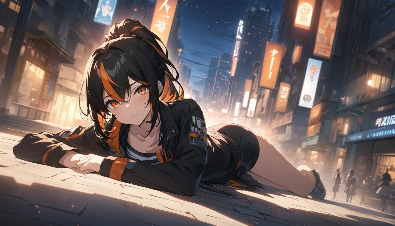 masterpiece，high resolution，Anime Art，Anime Numbers， 4k anime wallpaper，Soft Light，Radiant Skin，Looking at the camera，Solitary，An anime girl，Lying on the street，Black high ponytail，Striped hair，Orange Eyes，Modern city night view，Full body view