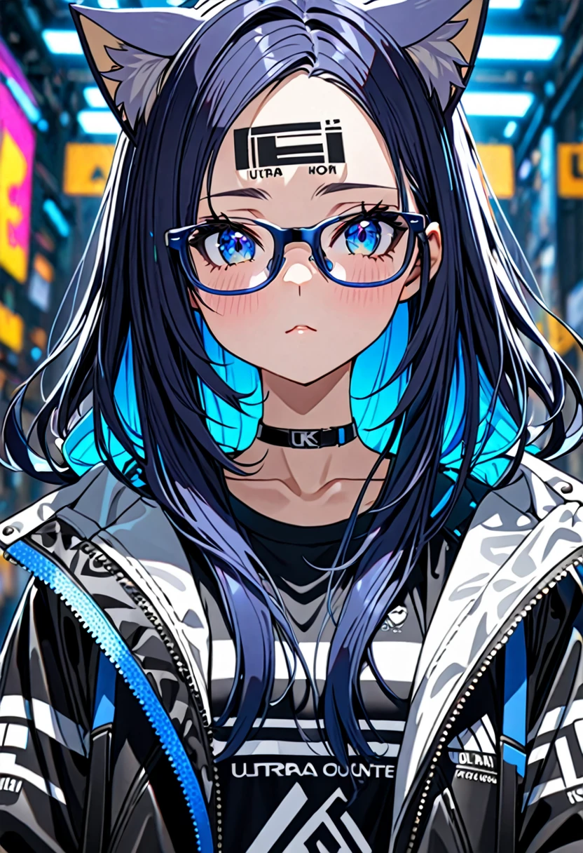 8K Ultra High-Quality, ultra-detailed, High quality, Dark Blue hair, Neon Blue Inner layer hair, Long hair, Cat ears, jacket, glasses, barcode tattoo on the forehead, forehead, no bangs, close up
