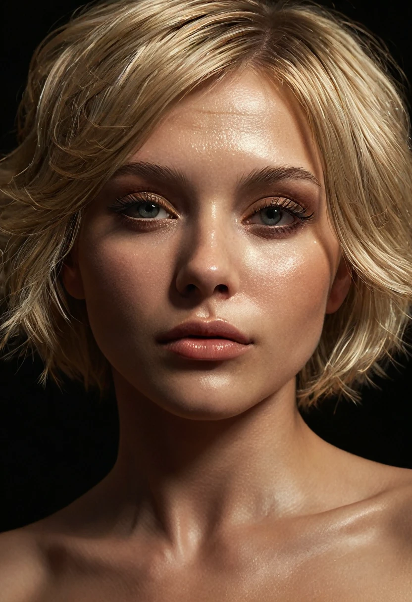 a beautiful 1 blonde woman with perfect face, detailed makeup, intricate face details, short hair, naked, photorealistic, ultra detailed, masterpiece, cinematic lighting, dramatic lighting, volumetric lighting, chiaroscuro, warm color tones, realistic skin textures, detailed facial features, highly realistic, detailed hair strands, detailed body anatomy