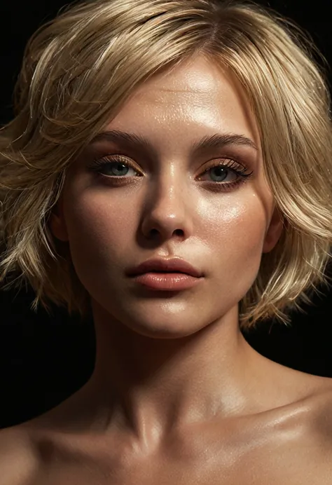 a beautiful 1 blonde woman with perfect face, detailed makeup, intricate face details, short hair, naked, photorealistic, ultra ...