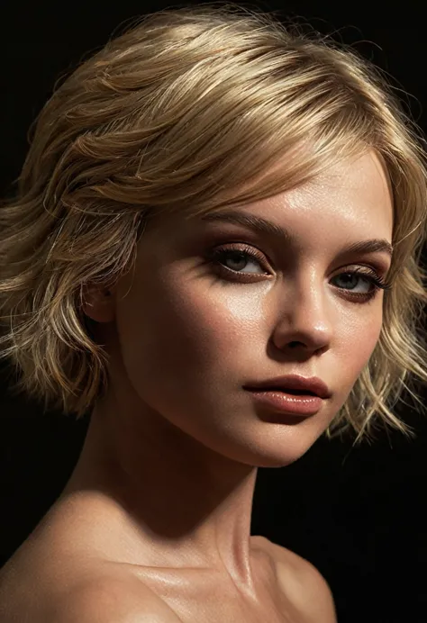 a beautiful 1 blonde woman with perfect face, detailed makeup, intricate face details, short hair, naked, photorealistic, ultra ...