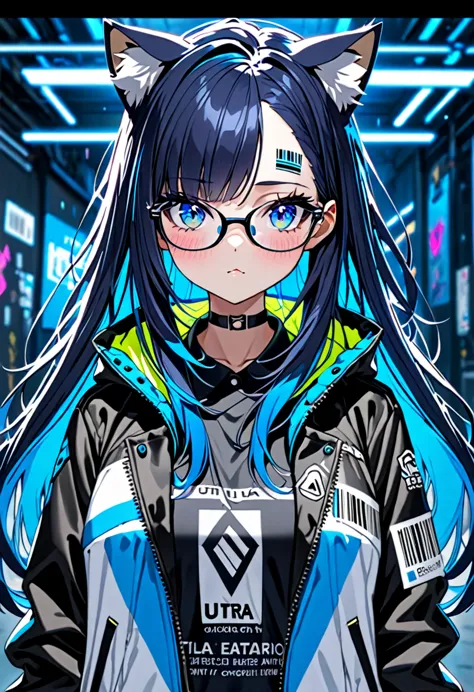 8k ultra high-quality, ultra-detailed, high quality, dark blue hair, neon blue inner layer hair, long hair, cat ears, jacket, gl...