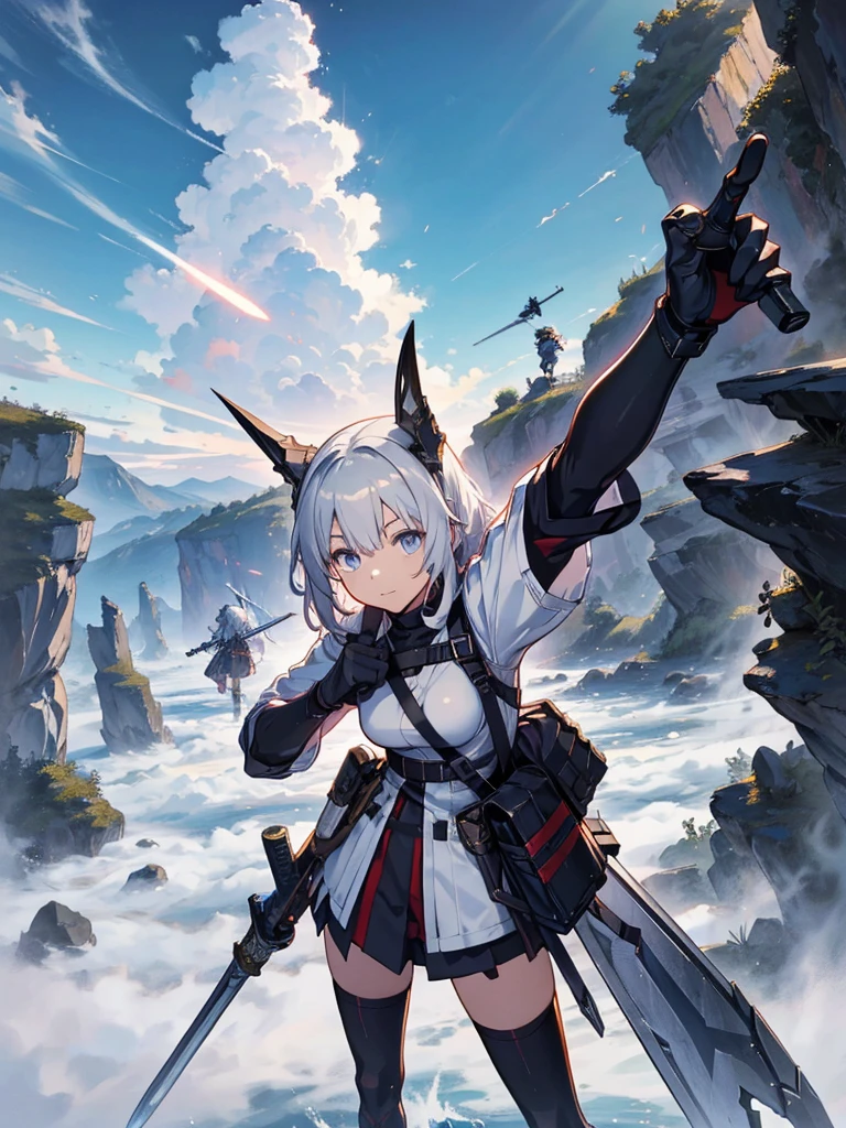 The battle from the sky、Take a selfie、Anime knight character holding a sword, from Arknights, Anime Art Wallpaper