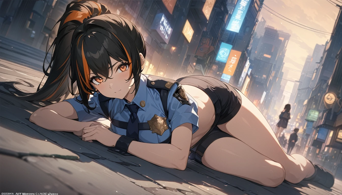 masterpiece，high resolution，Anime Art，Anime Numbers， 4k anime wallpaper，Soft Light，Radiant Skin，Looking at the camera，Solitary，An anime girl，Lying on the street，Black high ponytail，Striped hair，Orange Eyes，Slim police uniform，Modern city night view，Full body view