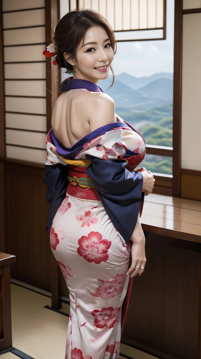 Mature attractive sexy woman,50 years old, ((kimono)),(((kimono))),Shut,((Big Breasts:1.2)),(Facial wrinkles:1.3),light makeup,Light brown hair,Long Hair,(Full body photo:0.85),(Emphasize big buttocks),8k, RAW Photos, Highest quality, Laughter,masterpiece,Highest quality、A kind smile、A captivating gaze、Random Hairstyles、Japanese-style room、Shoji Screen、lanthanum、Off the shoulder、The valley is visible