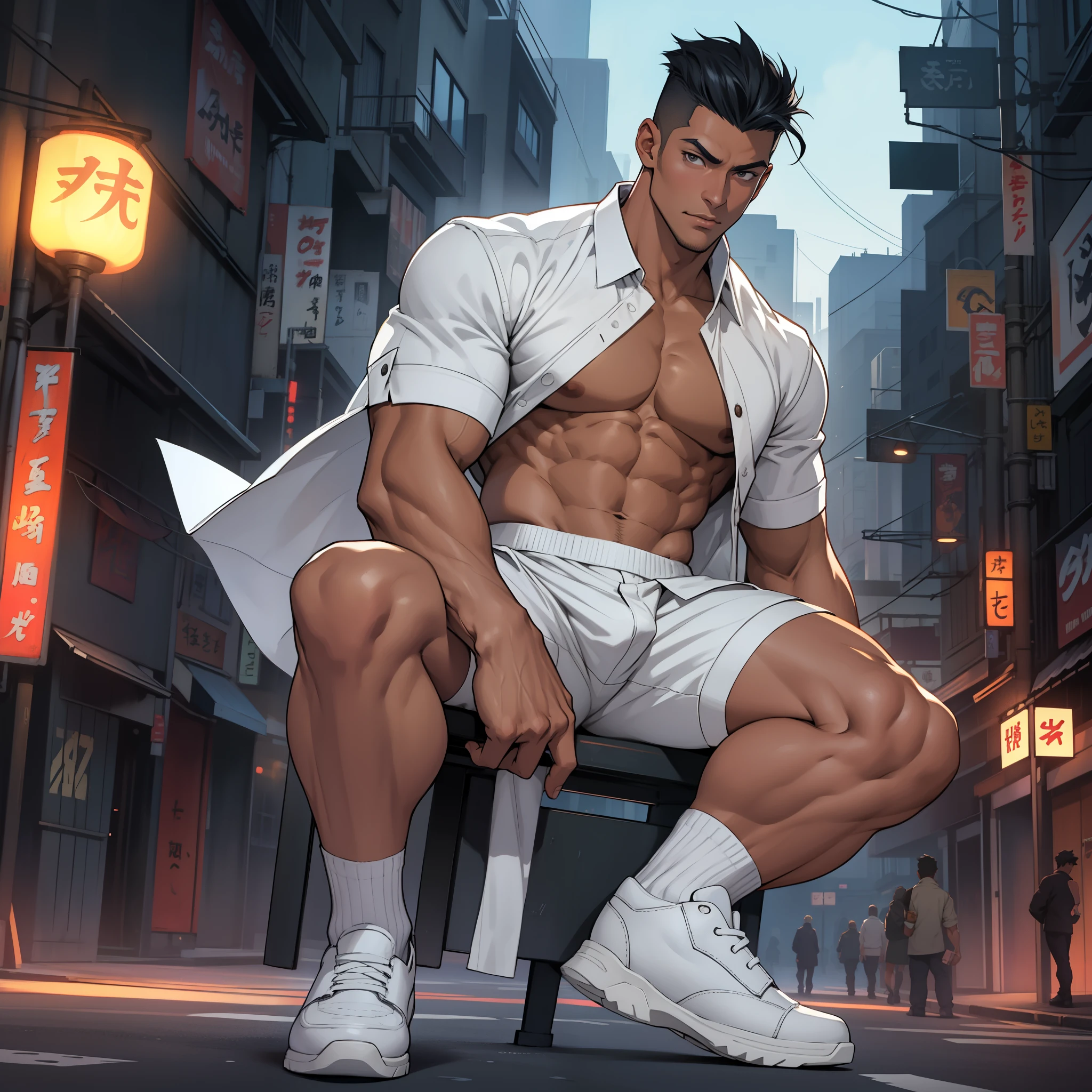 Highest image quality，Men，1 boy，Young and handsome，display，Short Flat Top Hairstyle，Dark Skin，Japanese cartoons，Anime Wallpaper，Solitary，Male focus，Panties，Chest muscle expansion，Crotch bulge，City background，Open your legs，Sexy,(masterpiece, best quality),Long white socks，leather shoes,Garter，CG sense，Dark atmosphere，8K,Movie lighting effects，Bulge