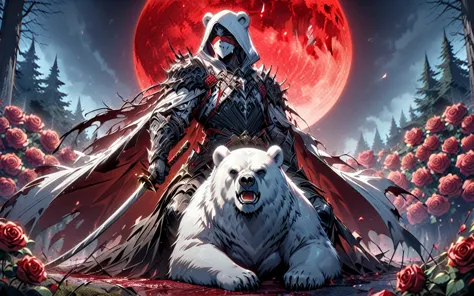 one man with a white hood with bear ears and a katana sits riding a big polar bear in a forest while the blood moon shines, many...