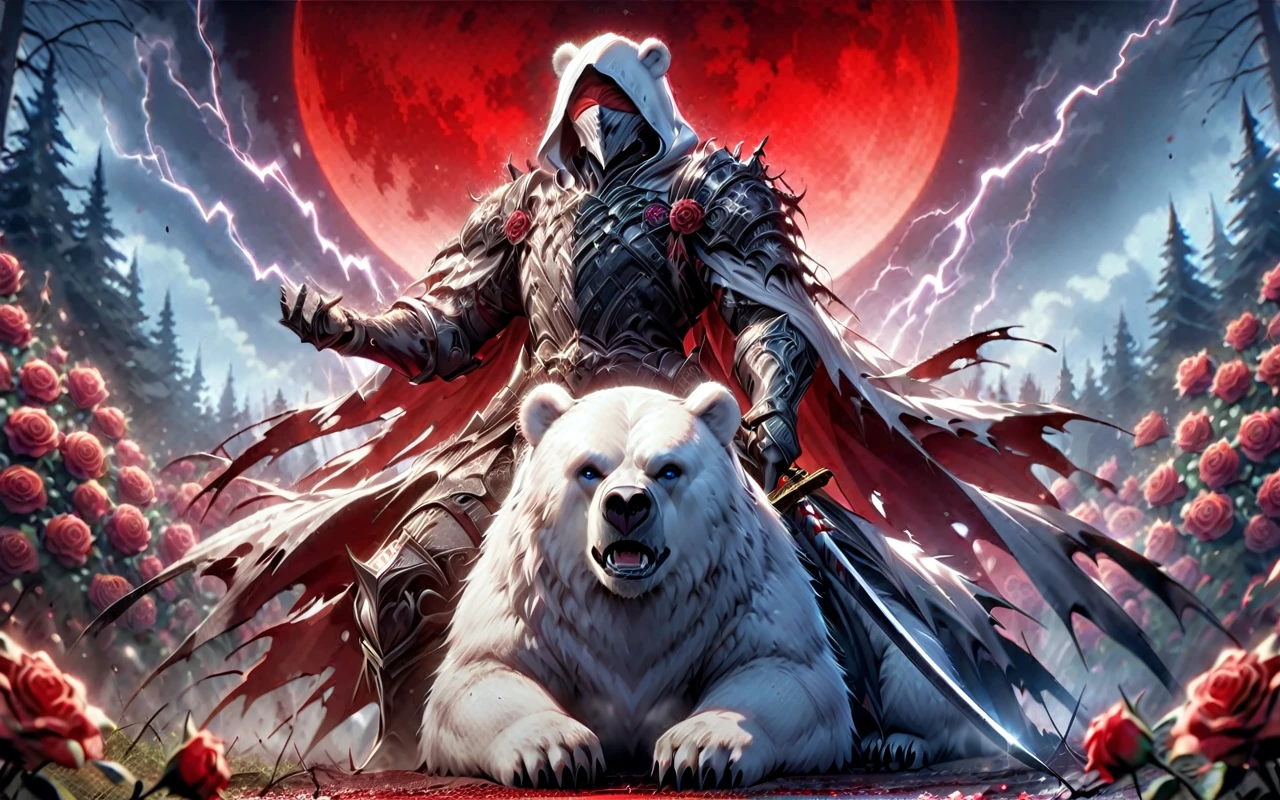 Dynamic picture, in it one man with a white hood with bear ears and a katana sits riding a big polar bear in a forest while the blood moon shines, many Roses cover the ground and lightning falls from the sky. The man wears a red blindfold.