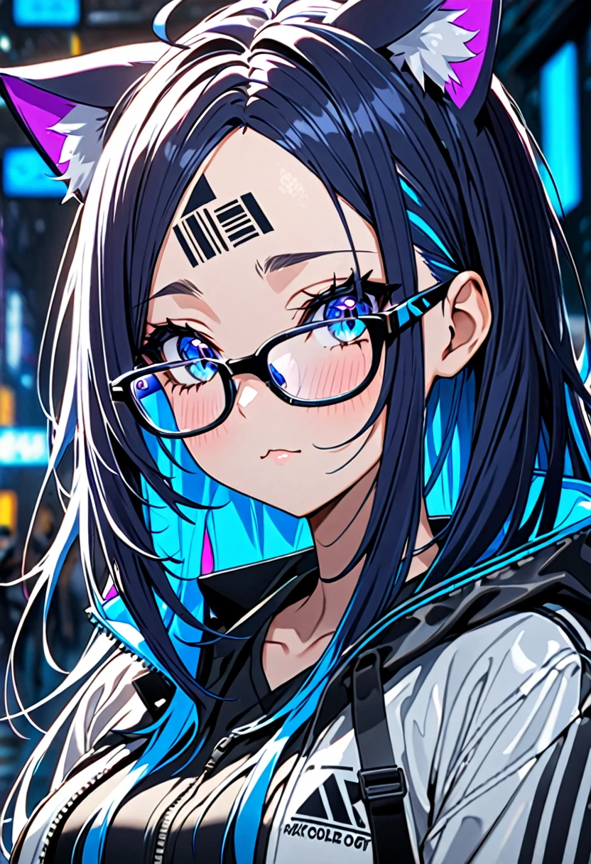 8K Ultra High-Quality, ultra-detailed, High quality, Dark Blue hair, Neon Blue Inner layer hair, Long hair, Cat ears, jacket, glasses, barcode tattoo on the forehead, forehead