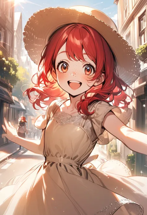 young girl(red hair, freckles, big eyes),dress, hat, sunny, happy