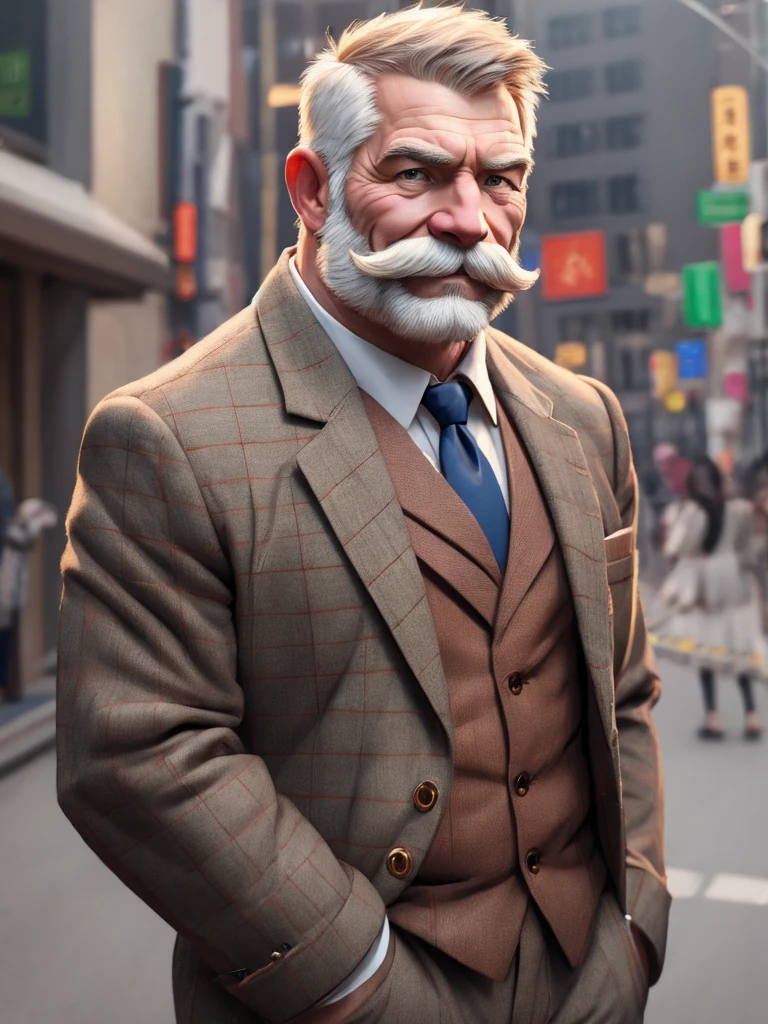 a muscular old man with a mustache and beard, (Japanese man:1.3), wearing a suits, smile, standing in a croud city background, (best quality,4k,8k,highres,masterpiece:1.2),ultra-detailed, realistic, photorealistic, semirealistic,detailed wrinkles,detailed facial features,detailed texture, half body, halfbody