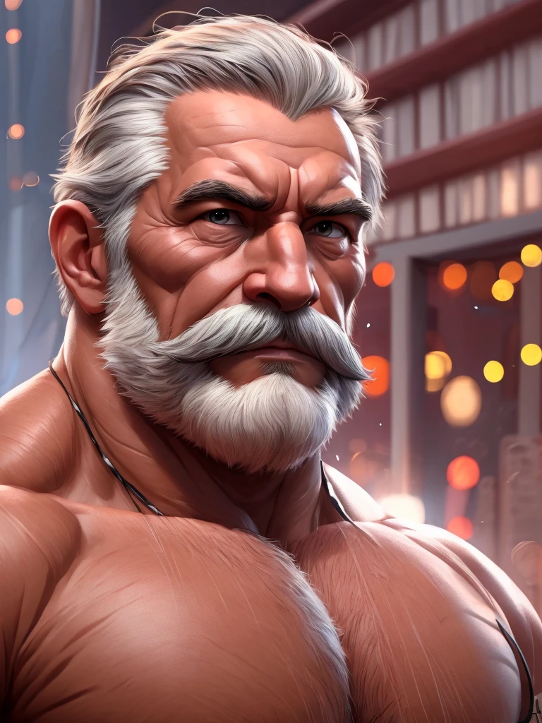 a muscular old man with a mustache and beard, (Japanese man:1.3), wearing a suits, smile, standing in a croud city background, (best quality,4k,8k,highres,masterpiece:1.2),ultra-detailed, realistic, photorealistic, semirealistic,detailed wrinkles,detailed facial features,detailed texture, half body, halfbody