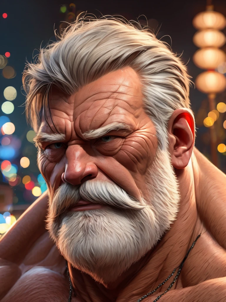 a muscular old man with a mustache and beard, (Japanese man:1.3), wearing a suits, smile, standing in a croud city background, (best quality,4k,8k,highres,masterpiece:1.2),ultra-detailed, realistic, photorealistic, semirealistic,detailed wrinkles,detailed facial features,detailed texture, half body, halfbody