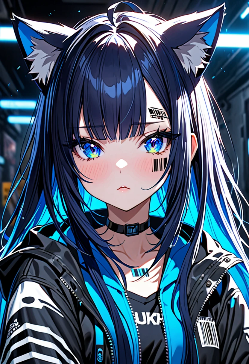 8K Ultra High-Quality, ultra-detailed, High quality, Dark Blue hair, Neon Blue Inner layer hair, Long hair, Cat ears, jacket, barcode tattoo on the forehead, forehead